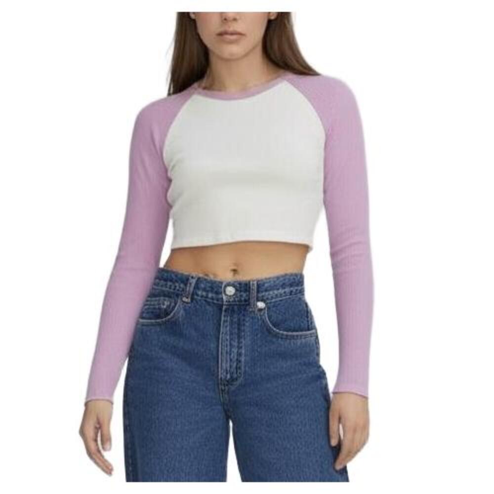 FULL TILT Ribbed‎ Raglan Crop Top Long sleeve White Purple Crewneck S Casual